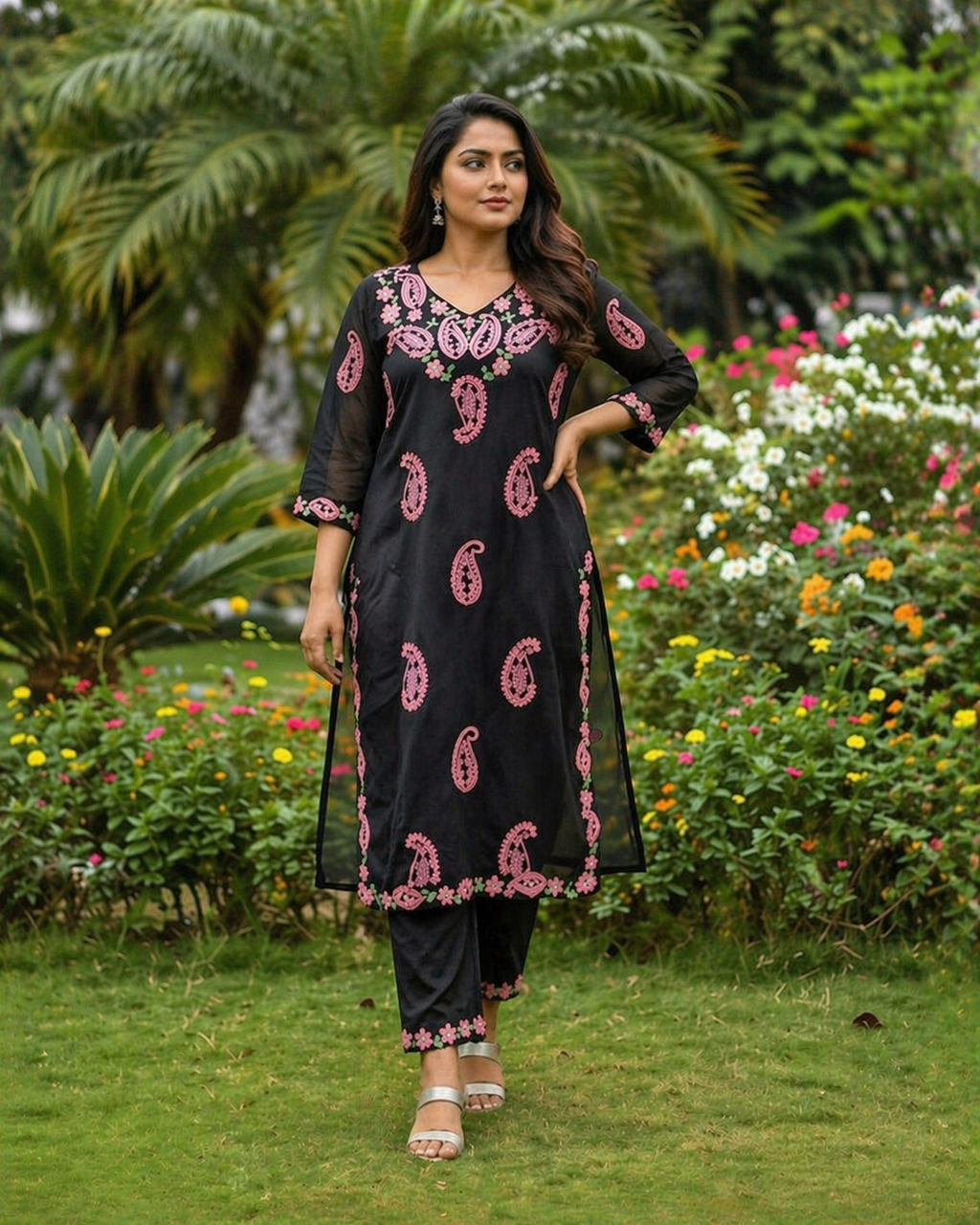 TriVibez Black Embroidered Kurti Set for Women