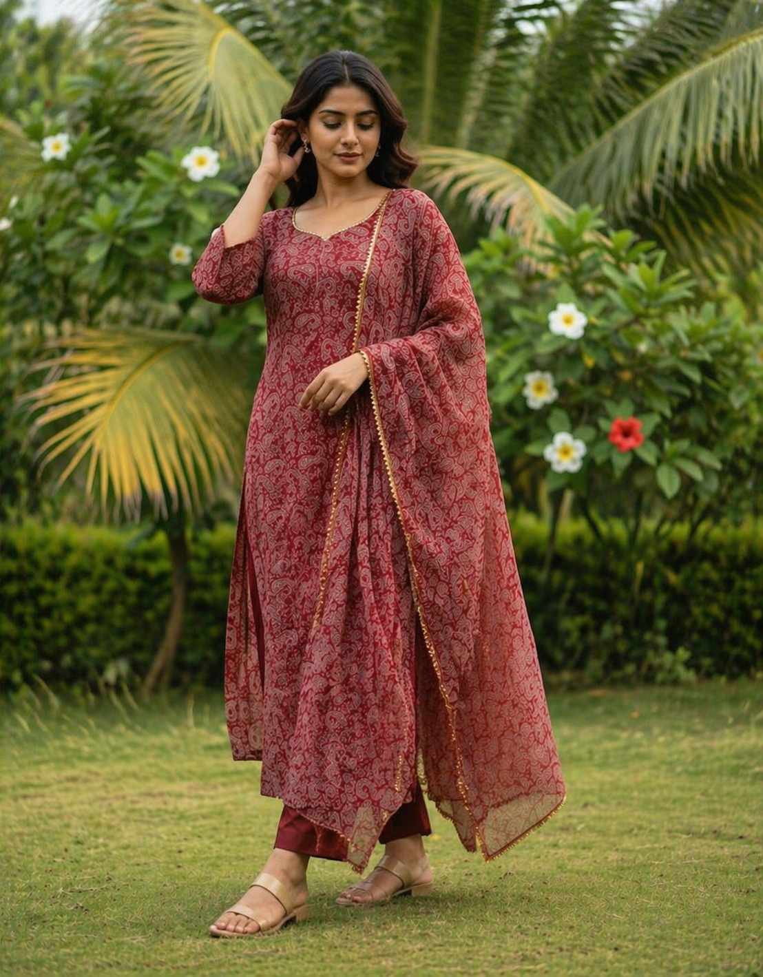 TriVibez Maroon Printed Kurti Set for Women
