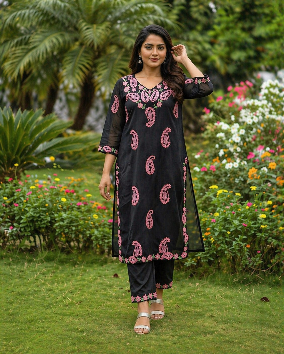 TriVibez Black Embroidered Kurti Set for Women