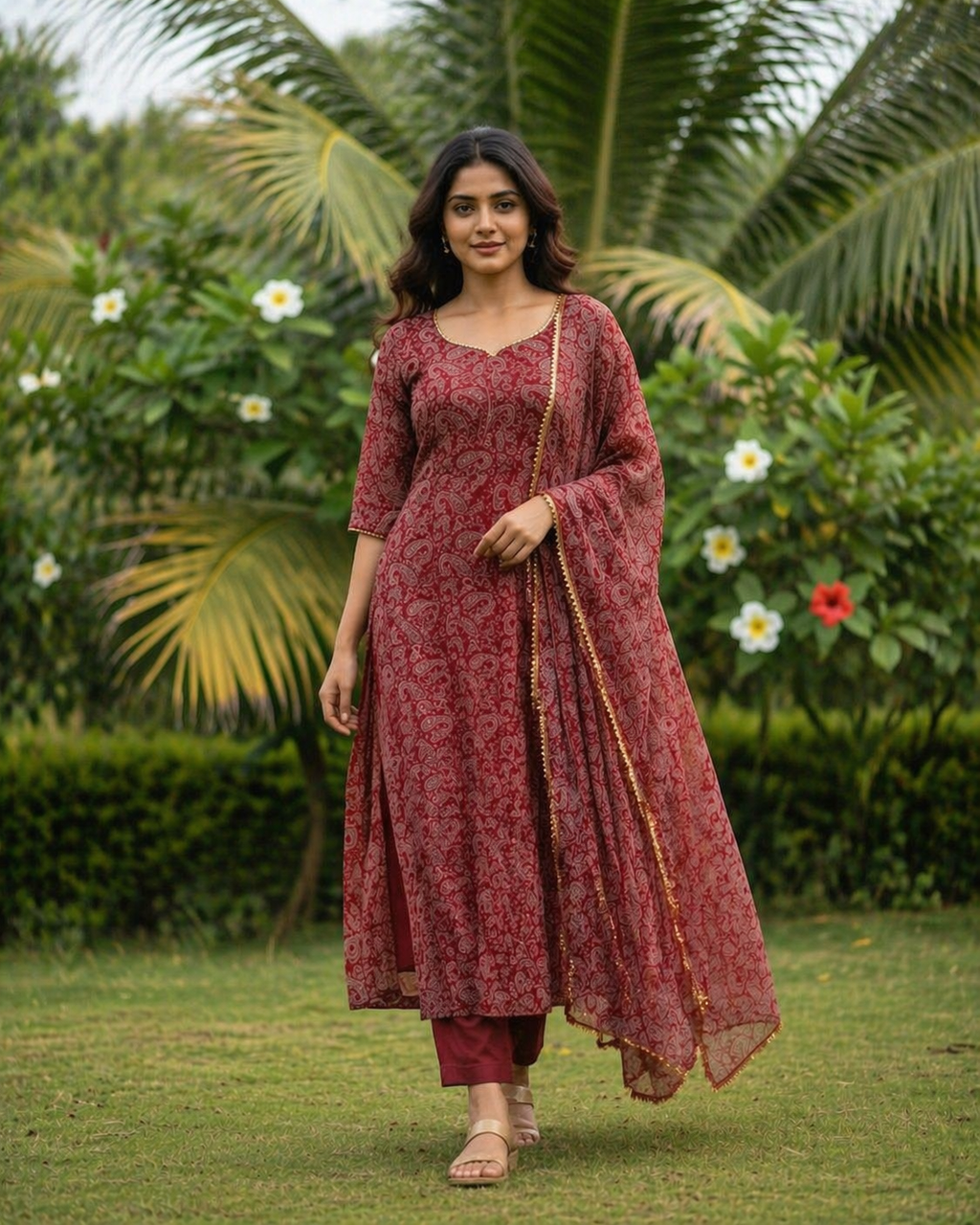 TriVibez Maroon Printed Kurti Set for Women