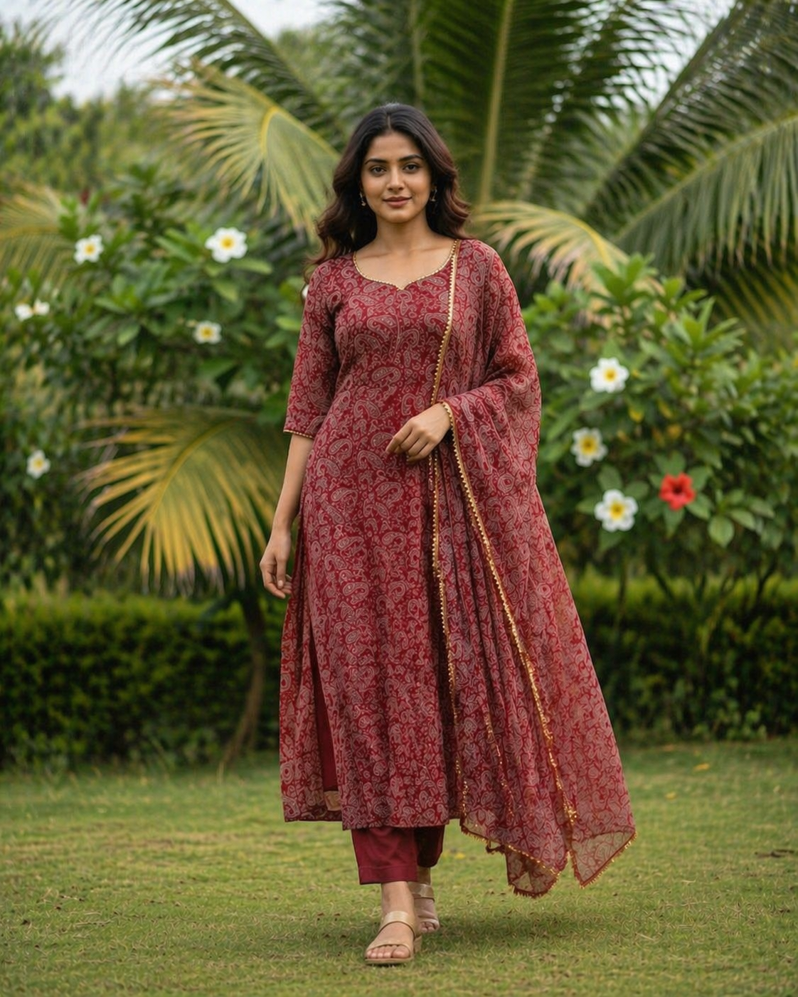 TriVibez Maroon Printed Kurti Set for Women