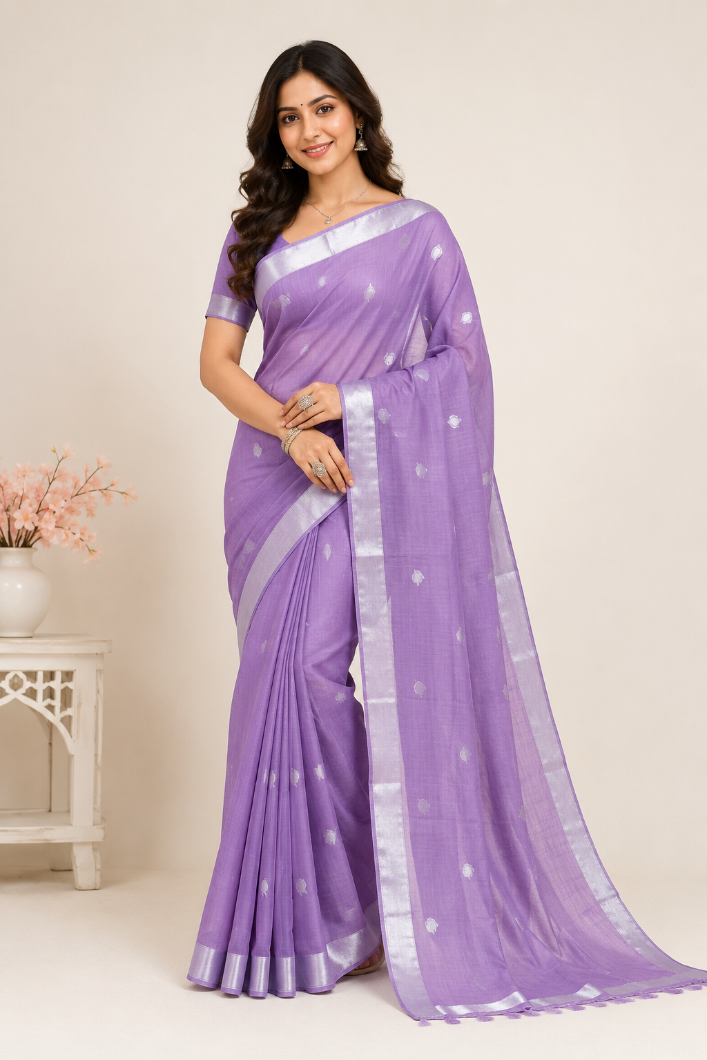 TriVibez Elegant Light Purple Silk Saree With Silver Border