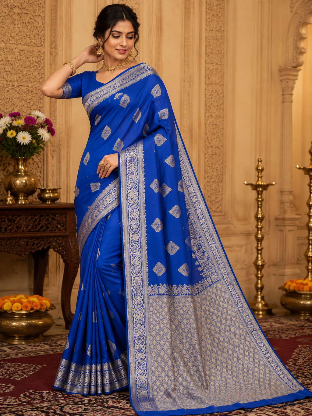Royal Blue Silk Saree With Silver Zari Booti Work
