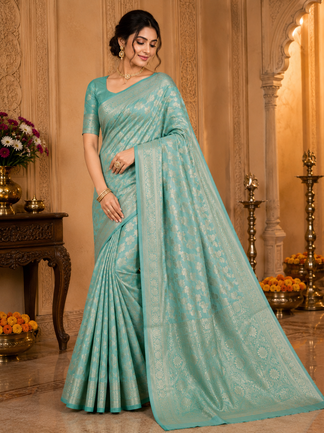 TriVibez Elegant Aqua Mint Green Silk Saree With Self-Design Zari Work