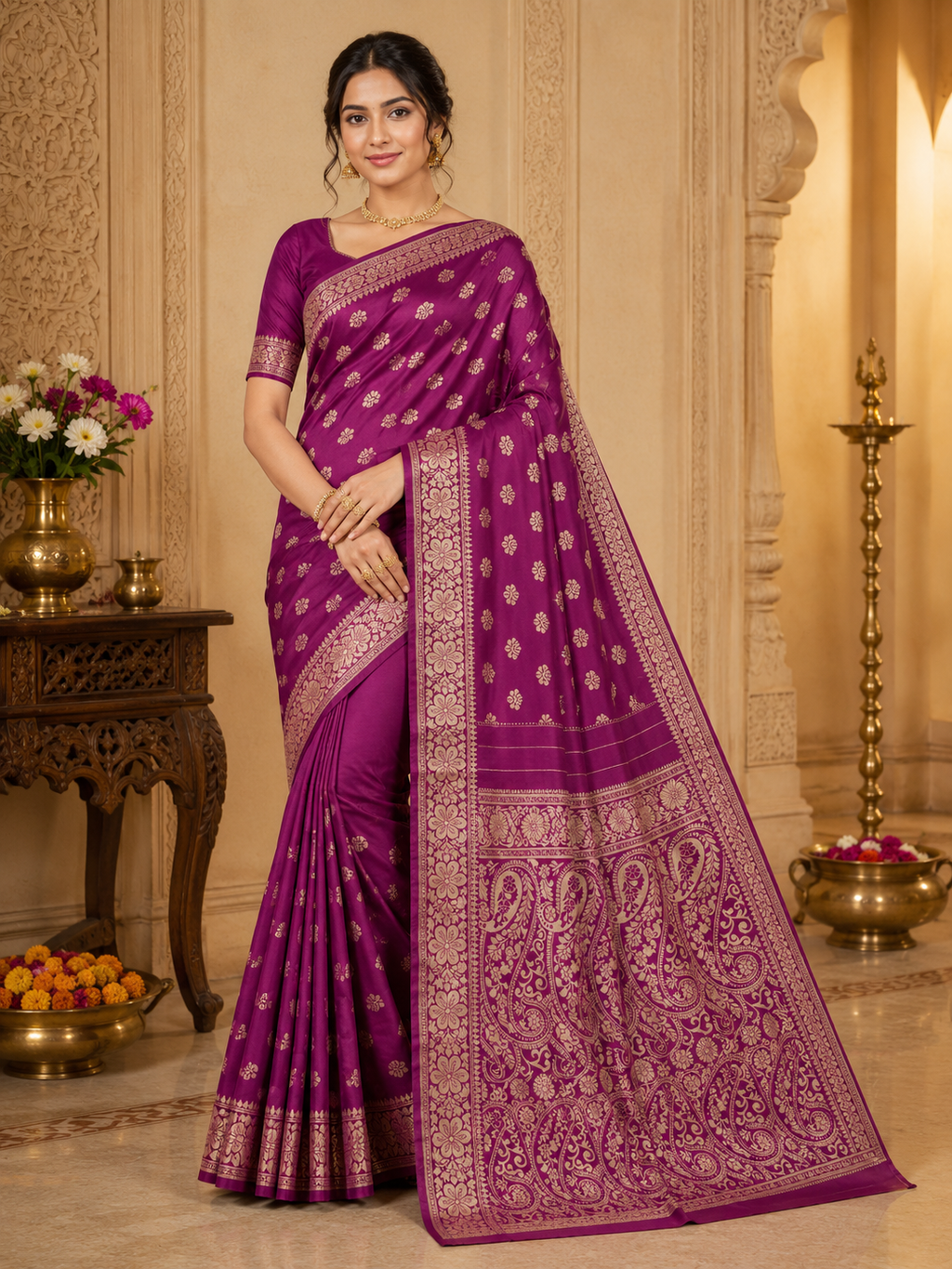 TriVibez Elegant Wine Magenta Silk Saree With Golden Zari Booti Work