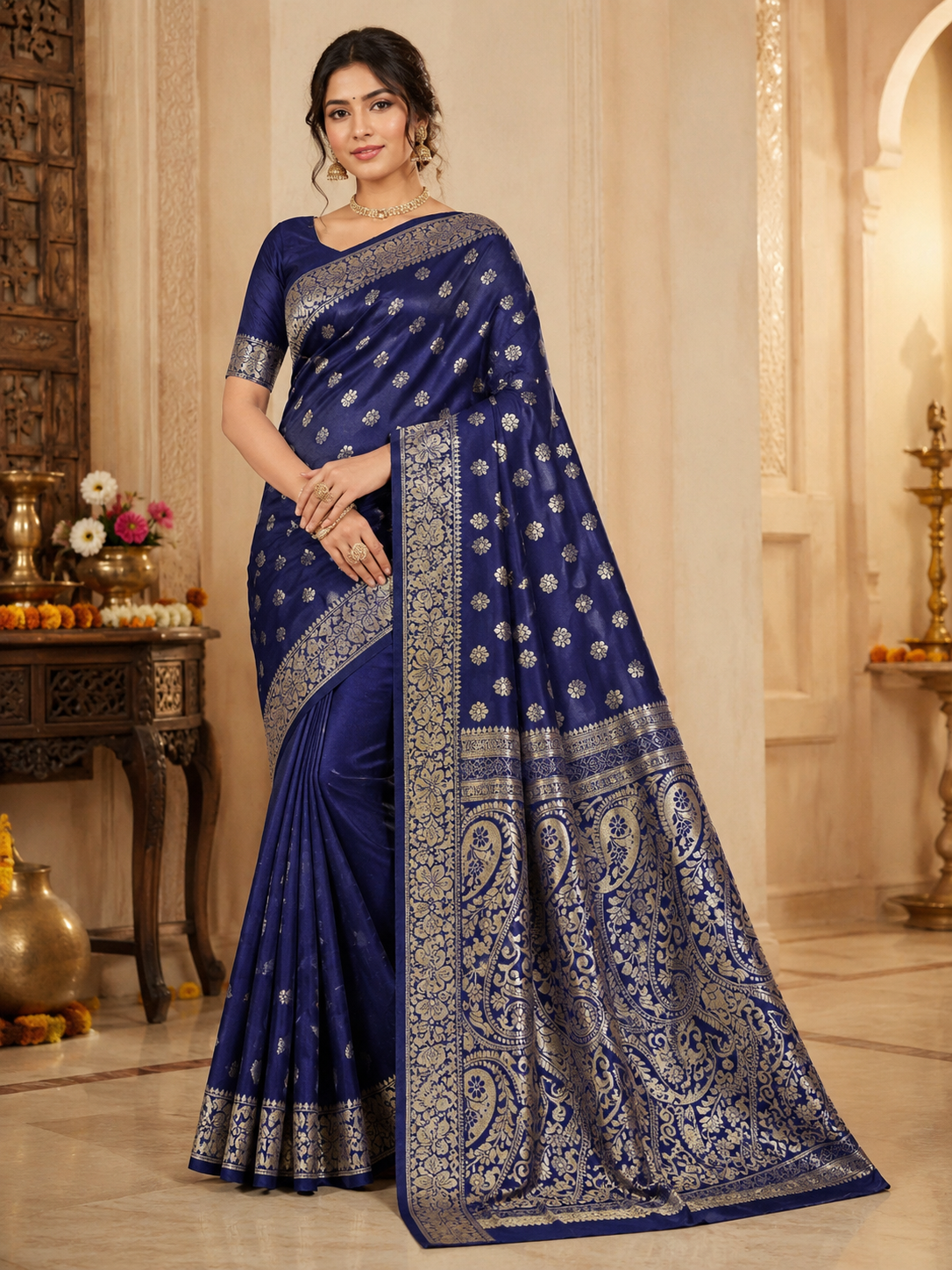 TriVibez Premium Navy Blue Silk Saree With Golden Zari Floral Work