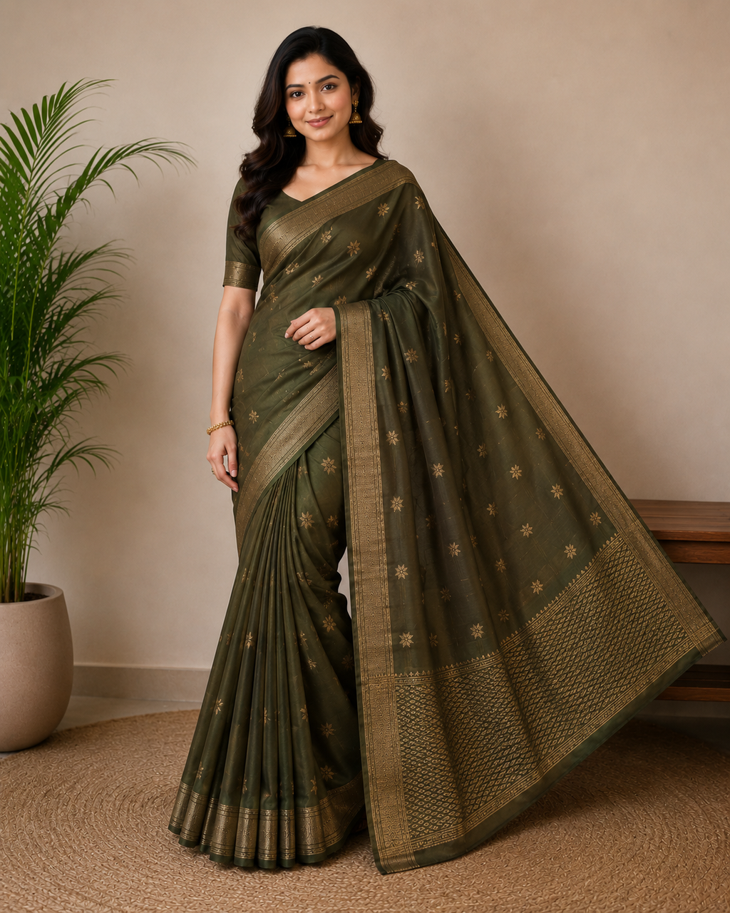 TriVibez Elegant Olive Green Silk Saree With Golden Zari Booti Work