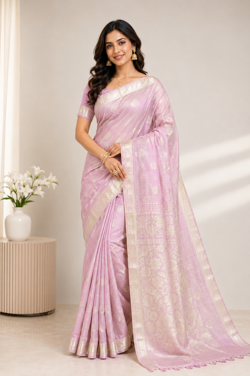 TriVibez Elegant Pastel Pink Silk Saree With Silver Zari Floral Work