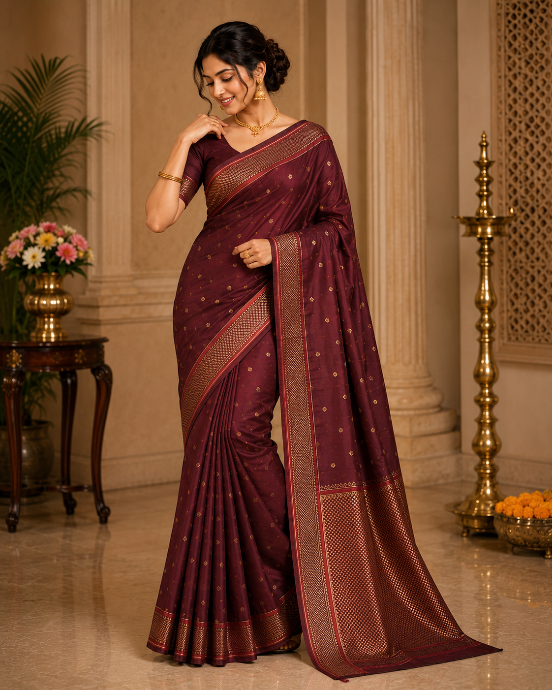 Women's Banarasi Soft Silk Saree with Rich Woven Zari Border | Maroon Color | Festive & Wedding Wear