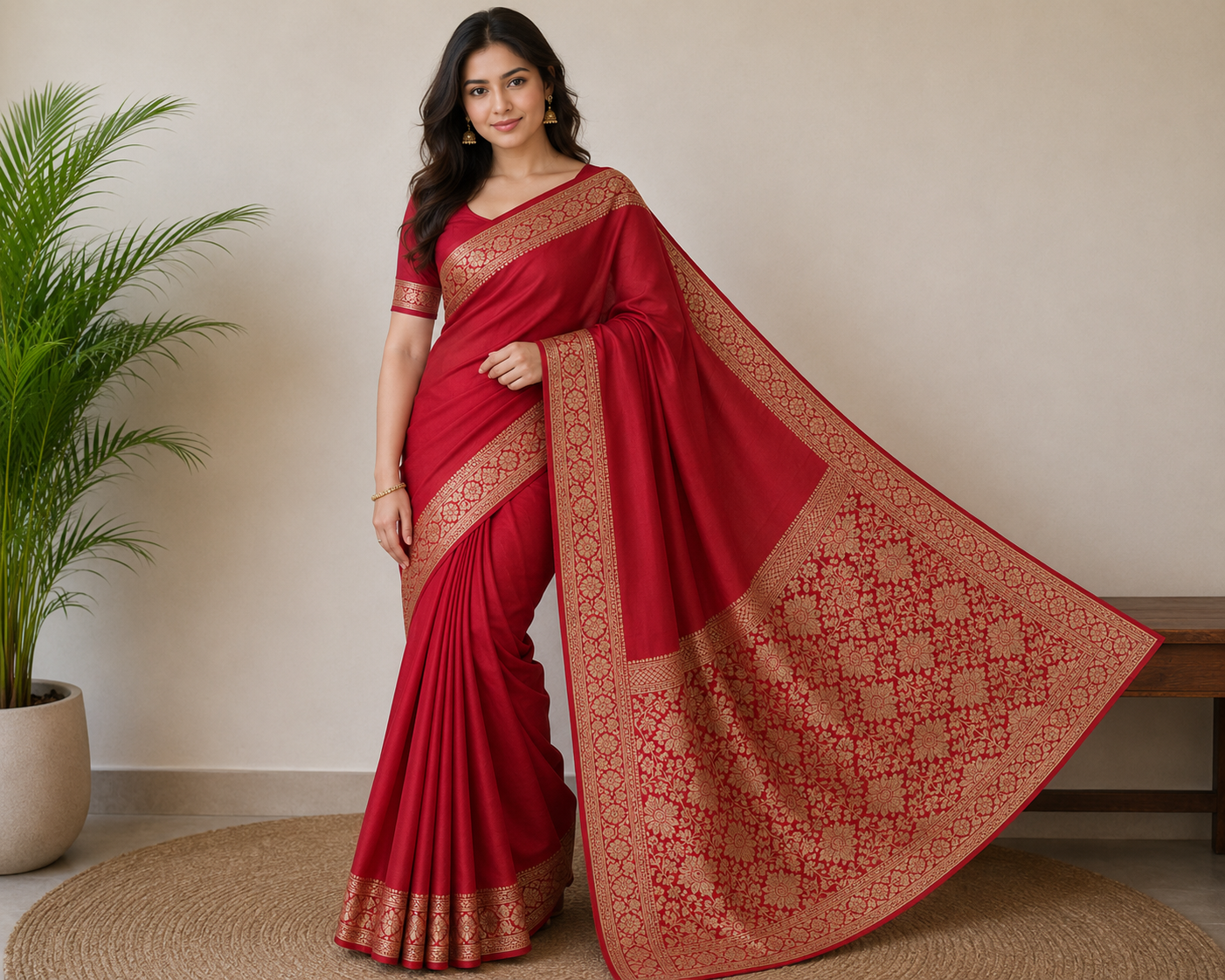 TriVibez Elegant Red Silk Saree With Rich Golden Zari Pallu