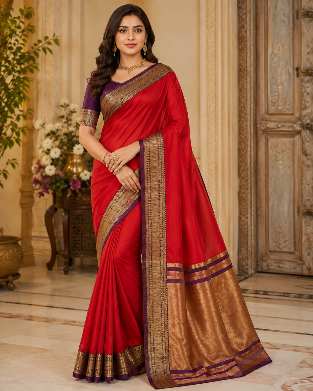 TriVibez Elegant Red Silk Saree With Contrast Purple Zari Border