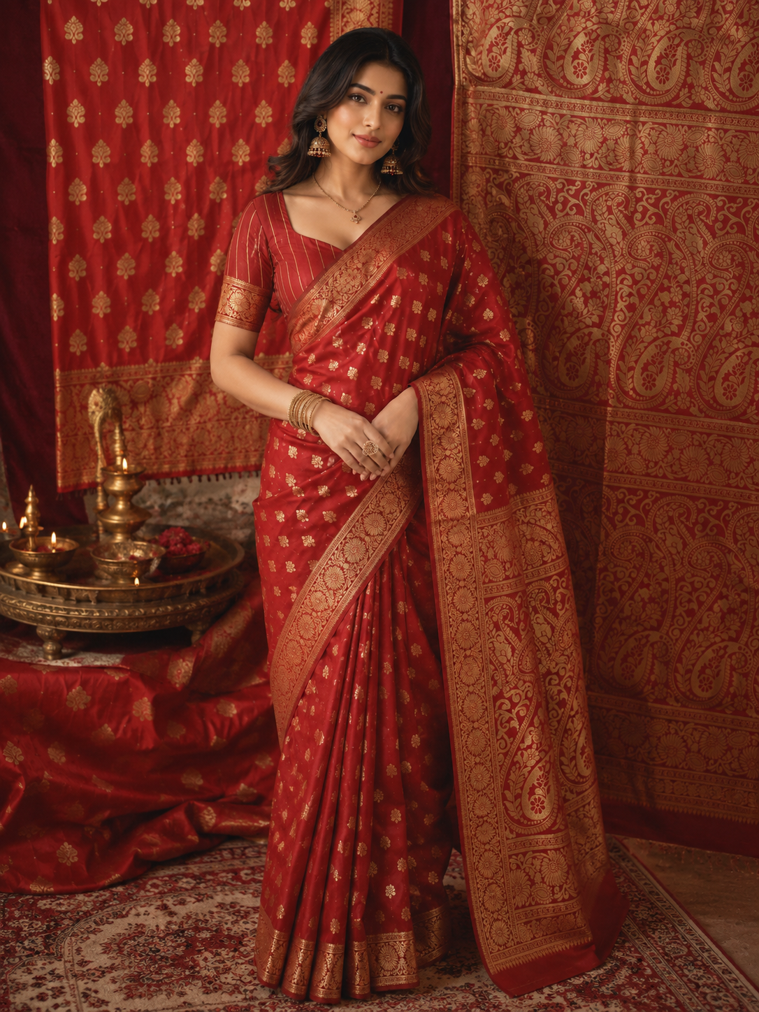 TriVibez Elegant Red Silk Saree With Golden Zari Booti Work