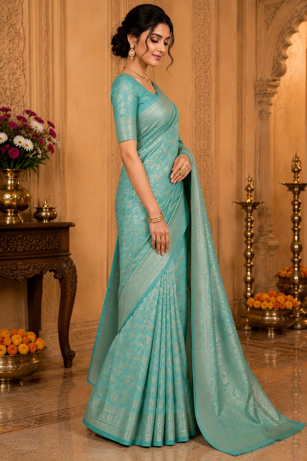 TriVibez Elegant Aqua Mint Green Silk Saree With Self-Design Zari Work