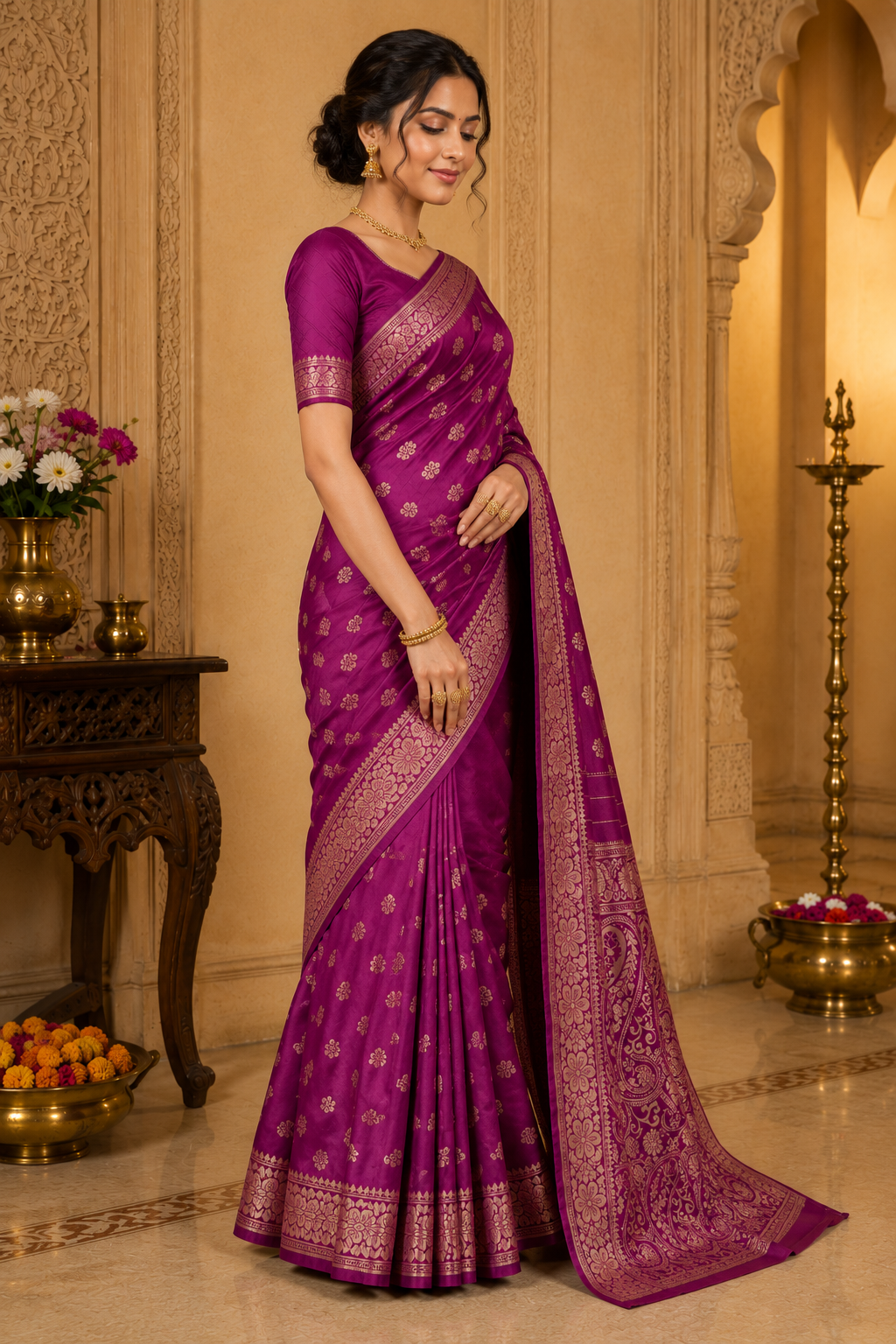 TriVibez Elegant Wine Magenta Silk Saree With Golden Zari Booti Work