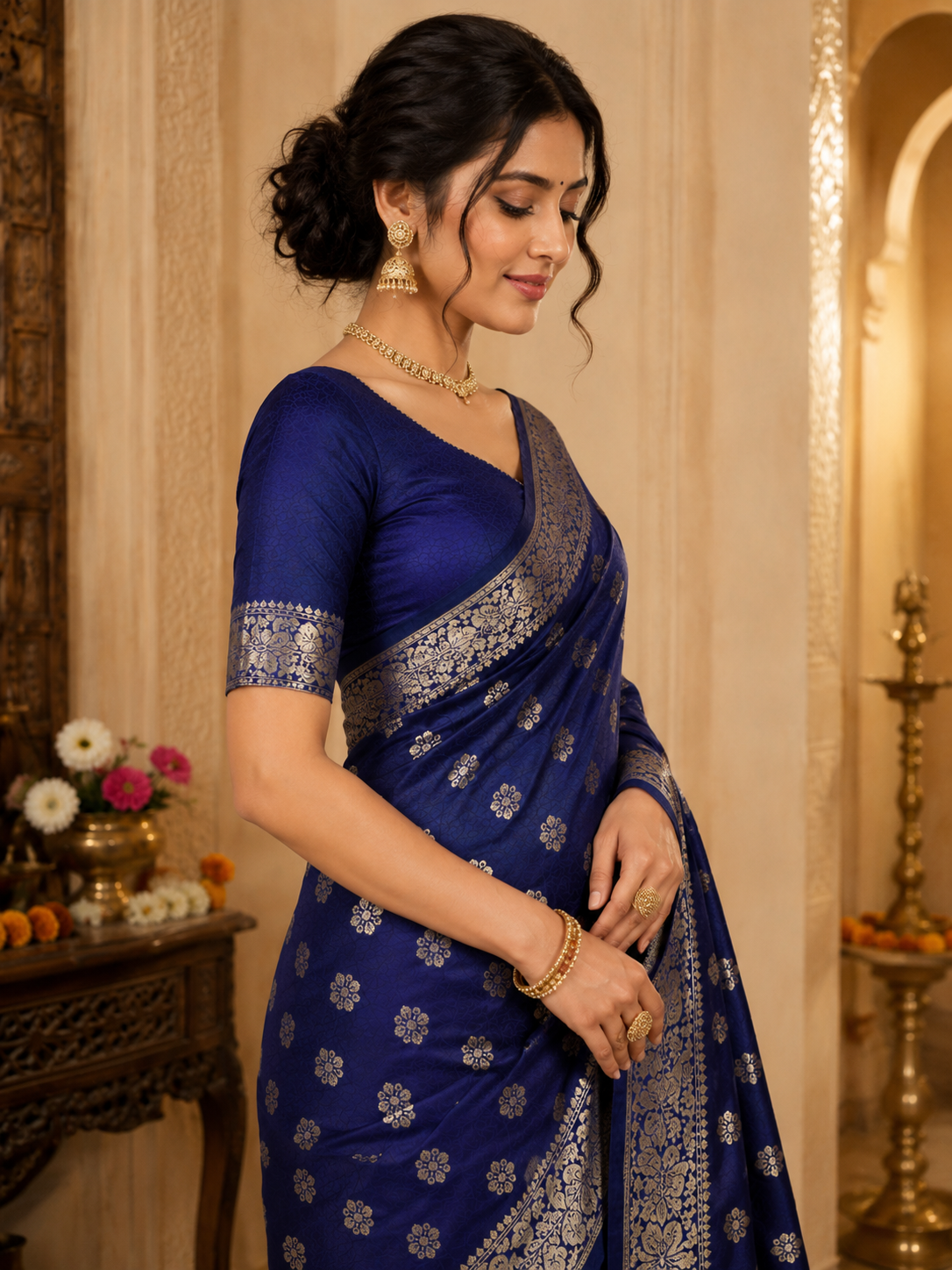 TriVibez Premium Navy Blue Silk Saree With Golden Zari Floral Work