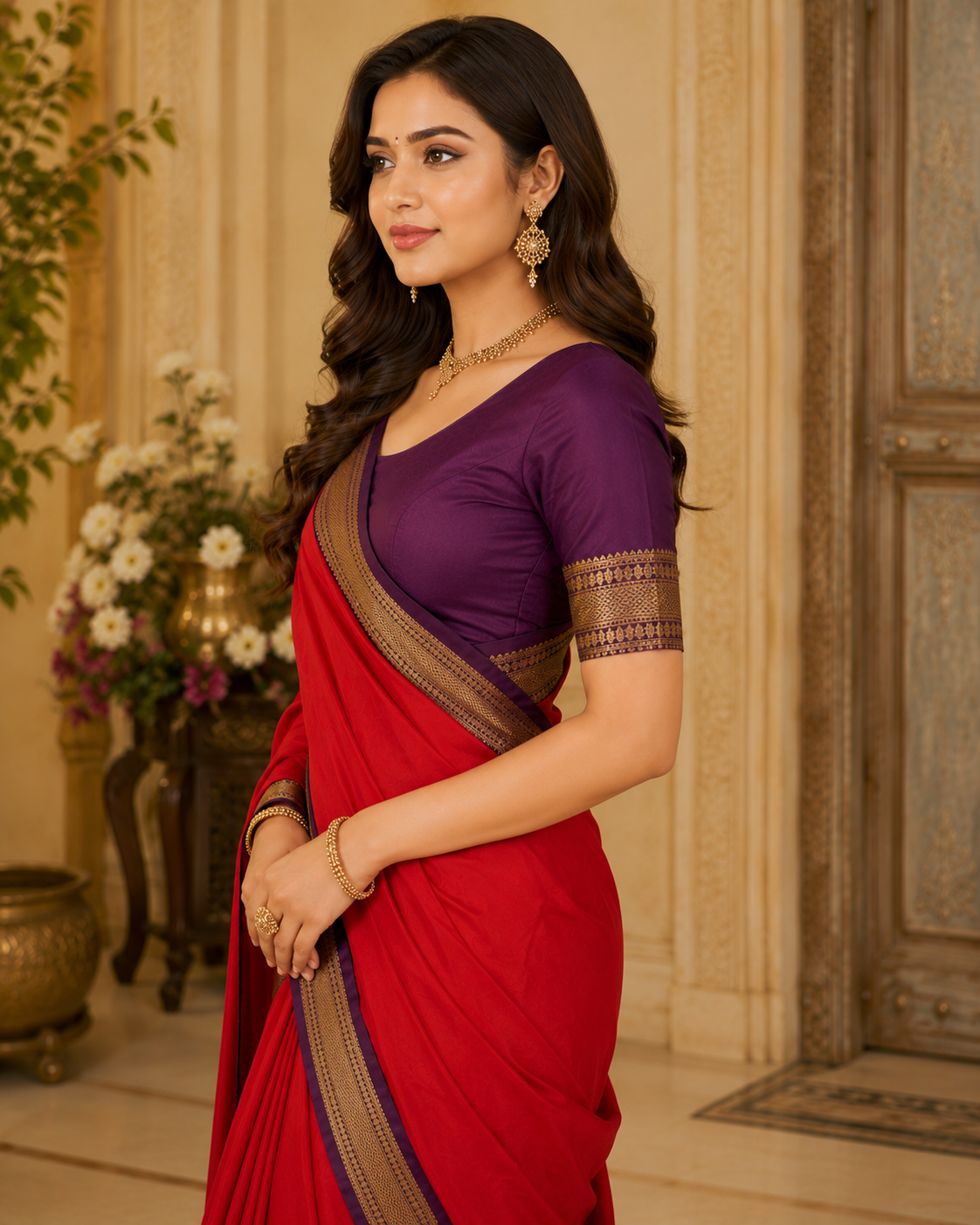 TriVibez Elegant Red Silk Saree With Contrast Purple Zari Border