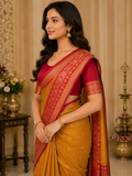 TriVibez Mustard Yellow Silk Saree With Contrast Red Zari Border