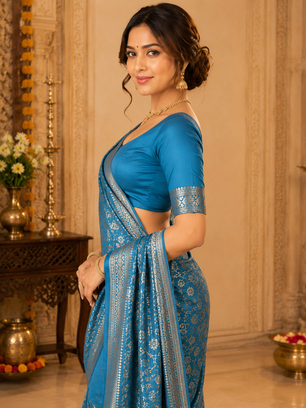 TriVibez Elegant Sky Blue Silk Saree With Rich Zari Floral Work