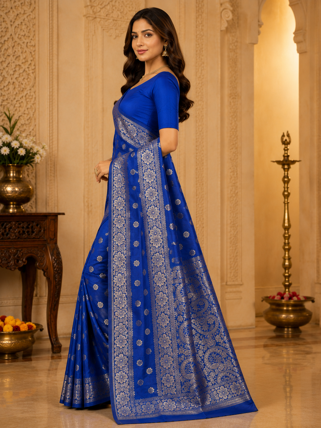 Women's Elegant Royal Blue Banarasi Silk Saree with Blouse Piece