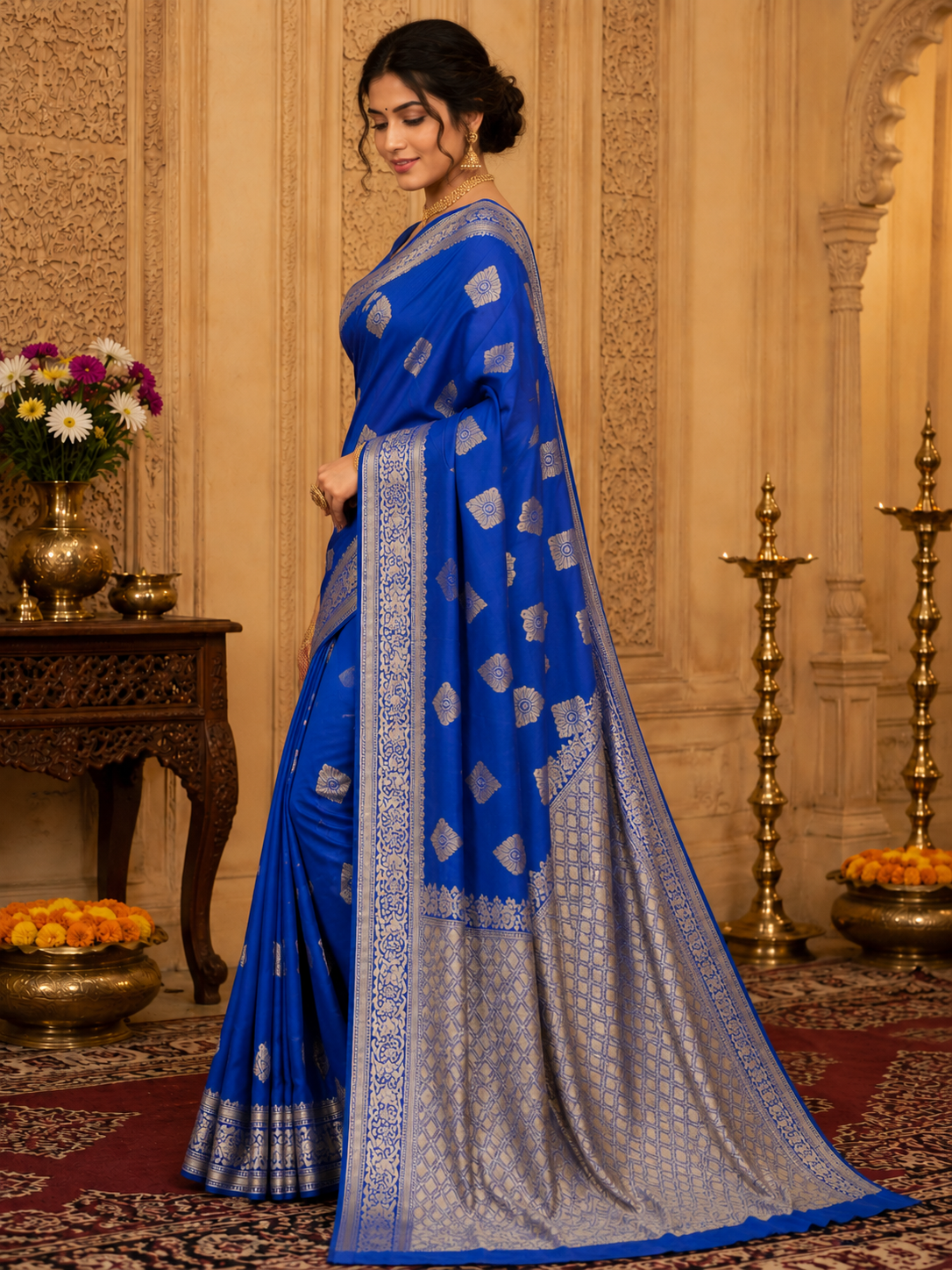 Royal Blue Silk Saree With Silver Zari Booti Work