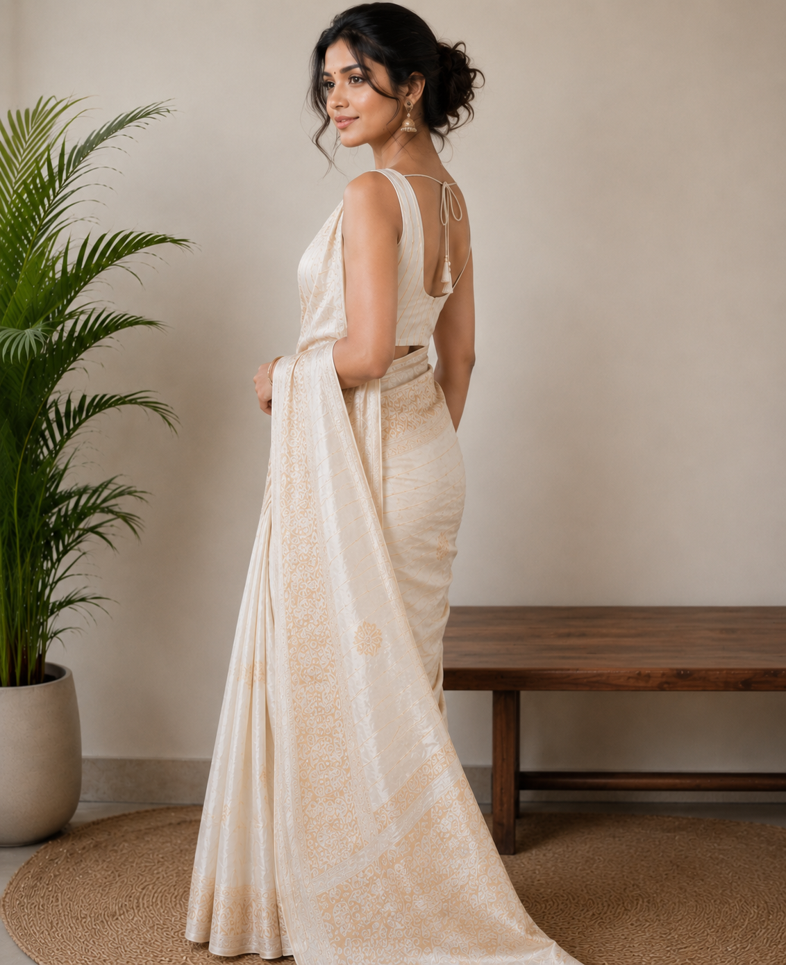 TriVibez Elegant Off-White Silk Saree With Golden Zari Floral Work