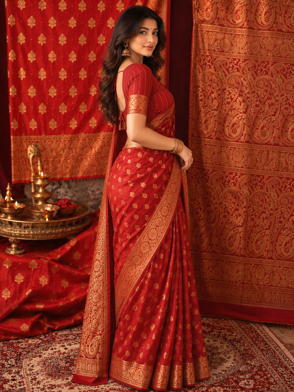 TriVibez Elegant Red Silk Saree With Golden Zari Booti Work