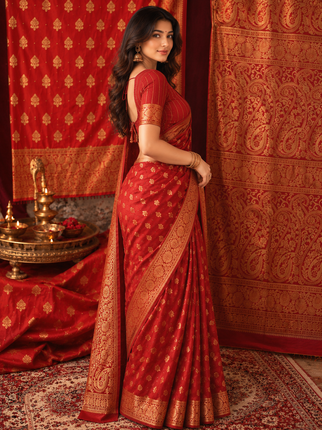 TriVibez Elegant Red Silk Saree With Golden Zari Booti Work