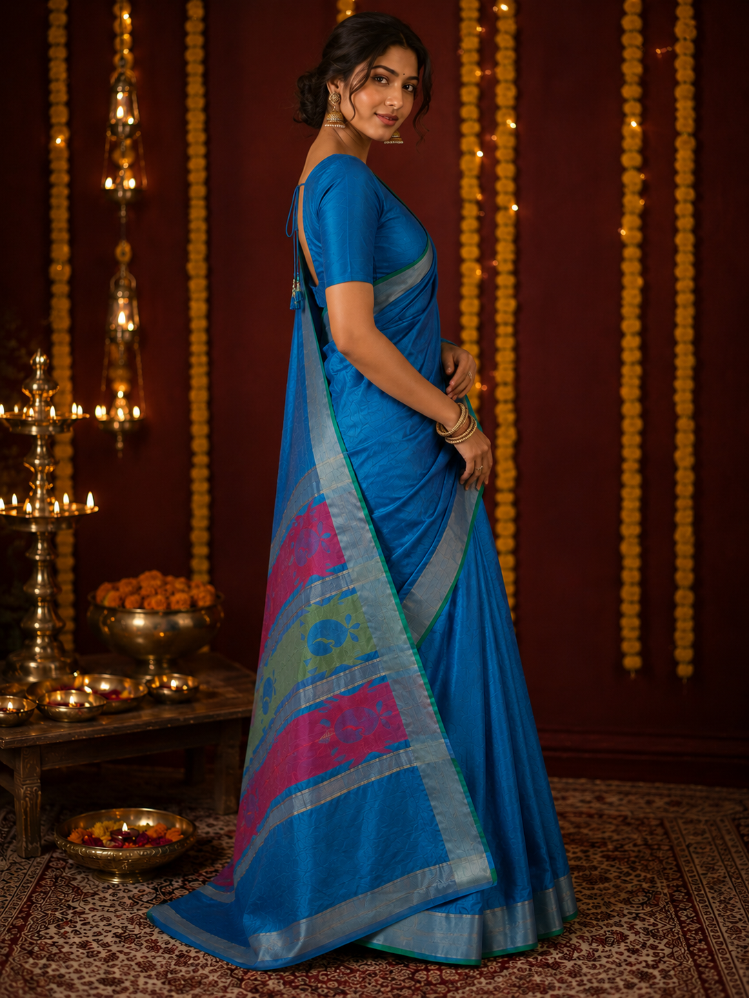 TriVibez Elegant Sky Blue Silk Saree With Silver Zari Border