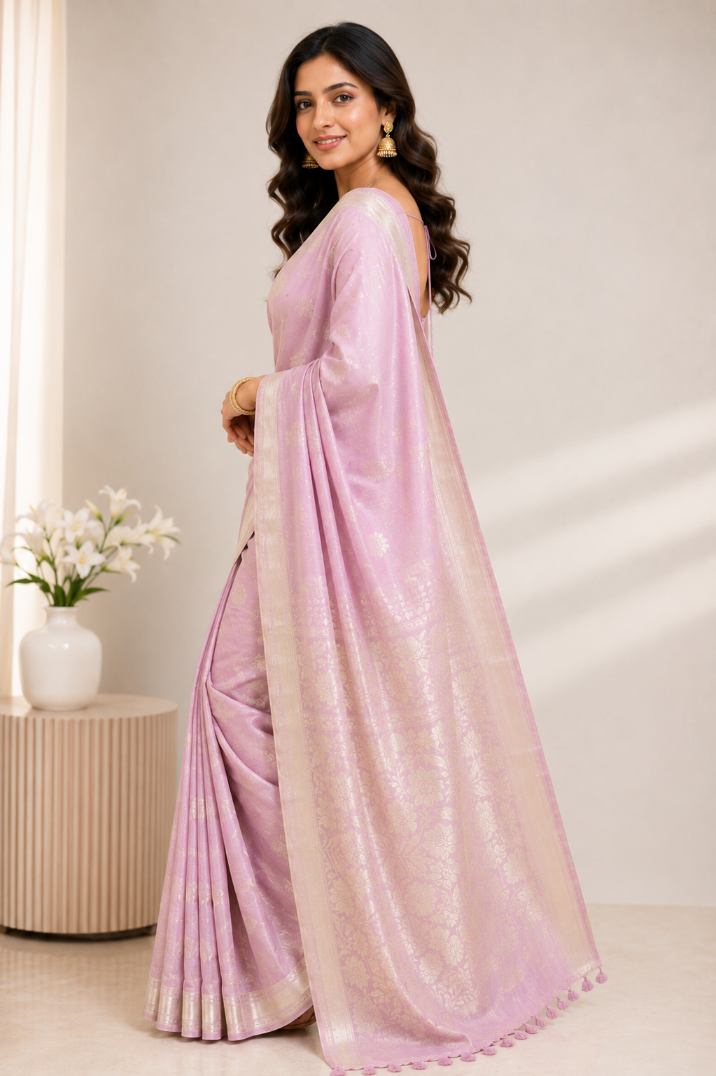 TriVibez Elegant Pastel Pink Silk Saree With Silver Zari Floral Work