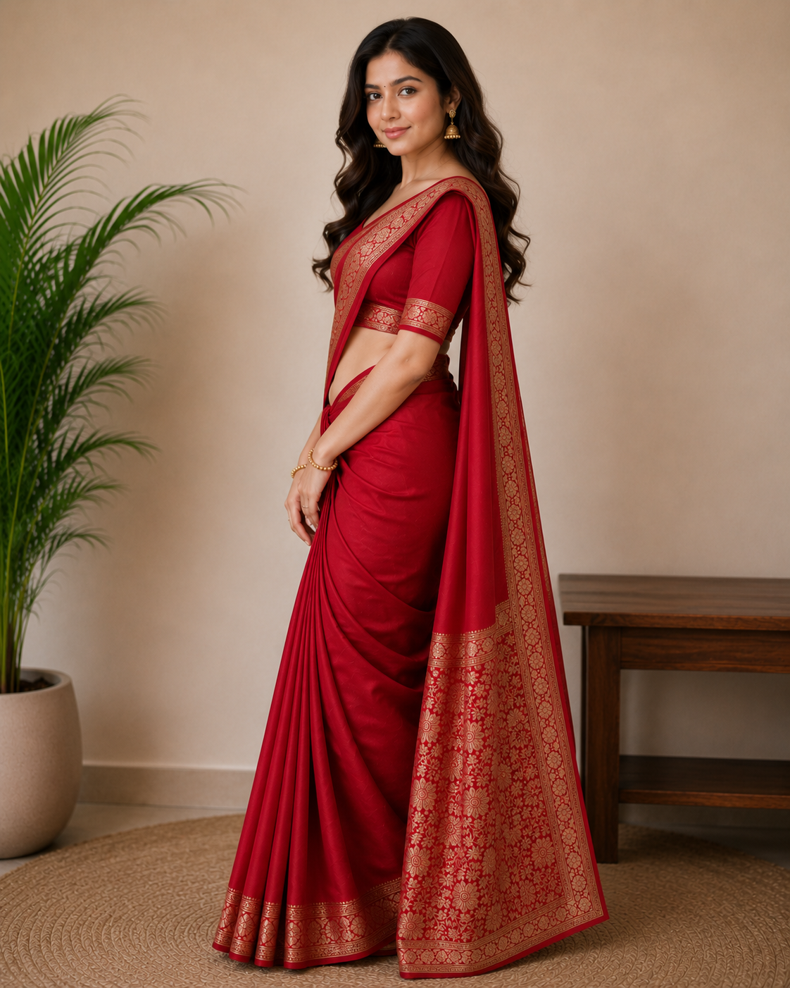 TriVibez Elegant Red Silk Saree With Rich Golden Zari Pallu