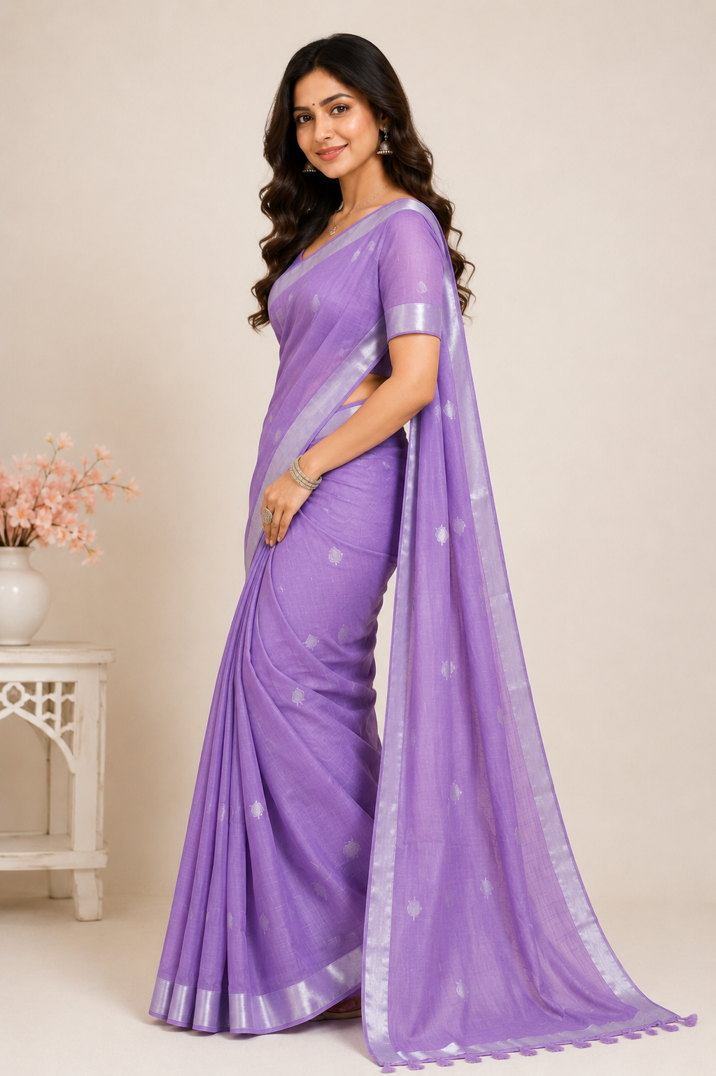 TriVibez Elegant Light Purple Silk Saree With Silver Border