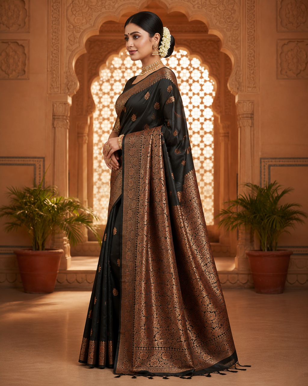 TriVibez Elegant Black Silk Saree With Antique Golden Zari Work