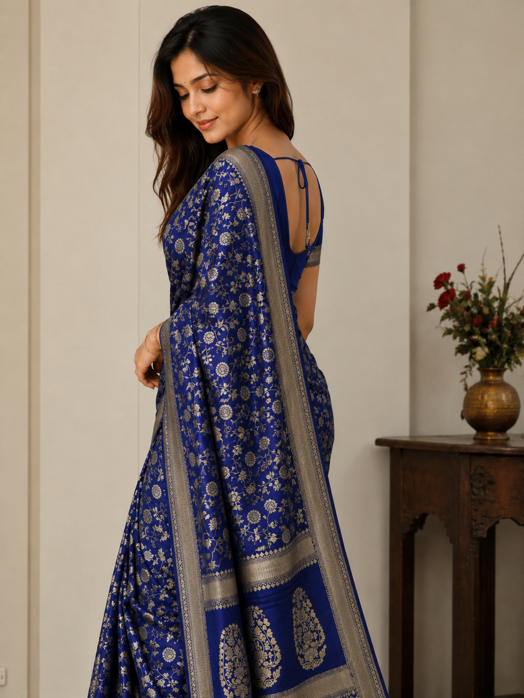 TriVibez Elegant Royal Blue Silk Saree With Golden Zari Floral Jaal Work