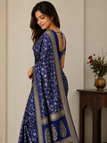 TriVibez Elegant Royal Blue Silk Saree With Golden Zari Floral Jaal Work