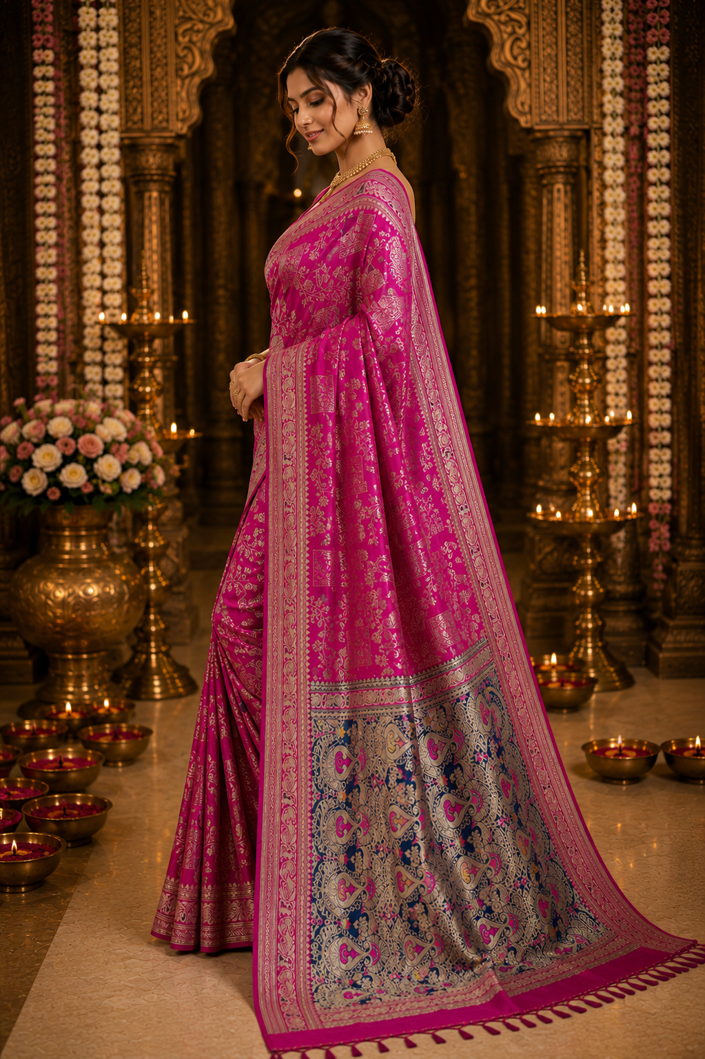 Women's Premium Handwork Banarasi Silk Saree with Rich Designer Pallu & Unstitched Blouse Piece | Wedding, Party & Festive Wear | Pink