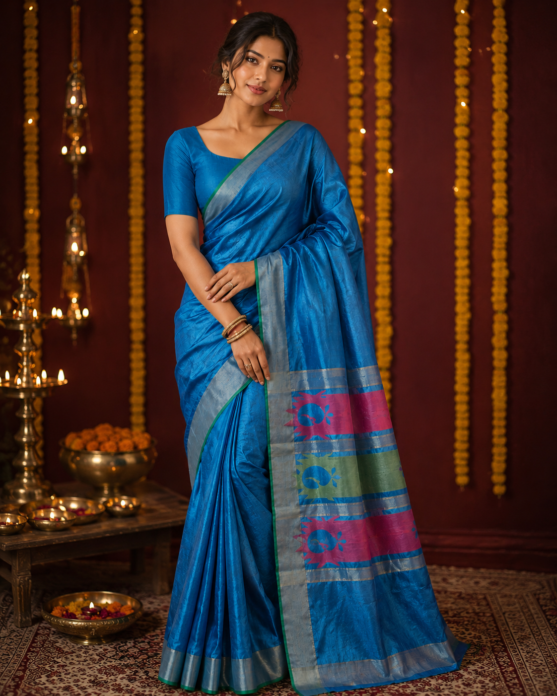 TriVibez Elegant Sky Blue Silk Saree With Silver Zari Border