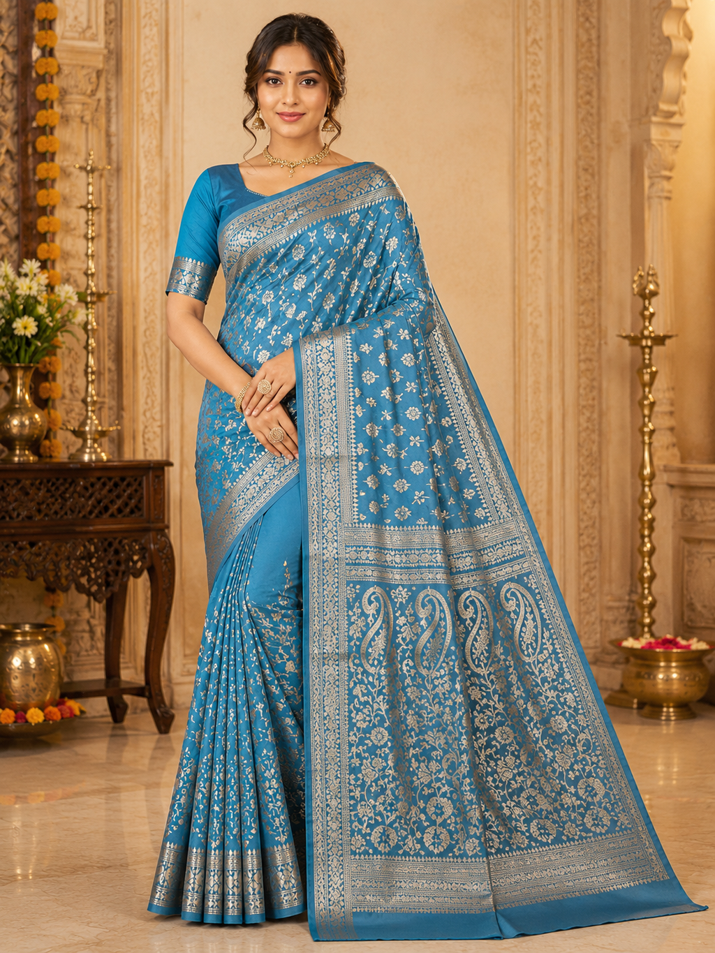 TriVibez Elegant Sky Blue Silk Saree With Rich Zari Floral Work