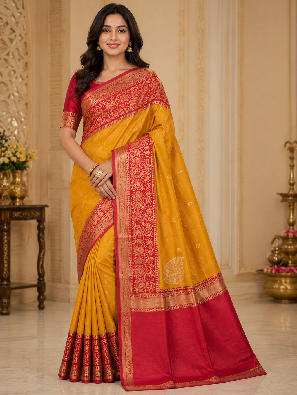 TriVibez Mustard Yellow Silk Saree With Contrast Red Zari Border