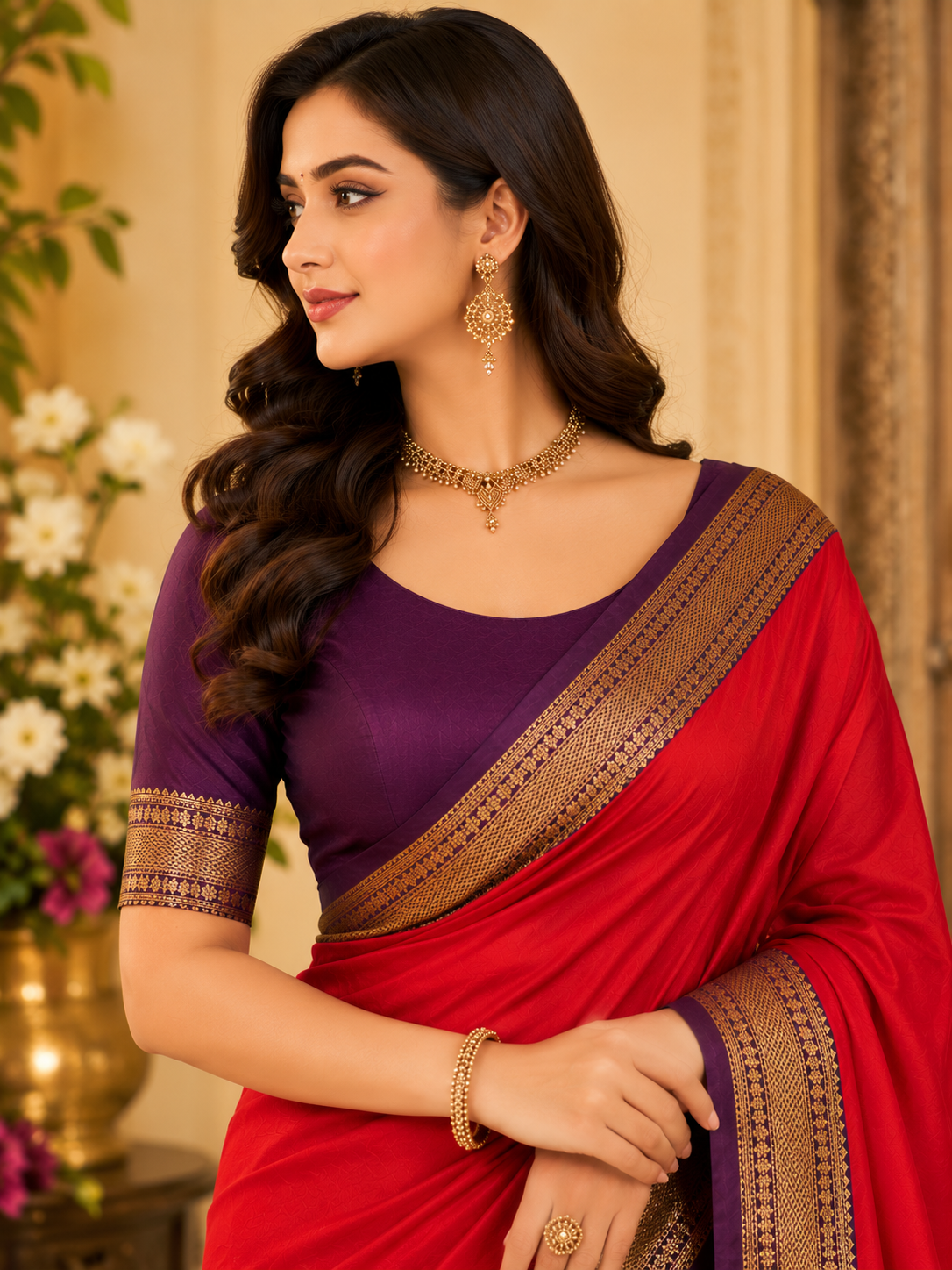 TriVibez Elegant Red Silk Saree With Contrast Purple Zari Border
