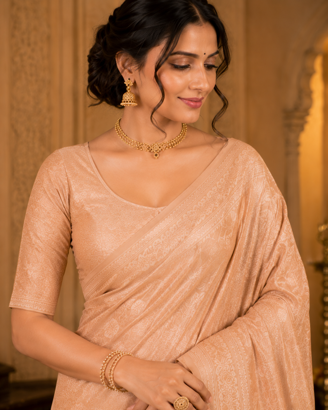 TriVibez Elegant Cream Silk Saree With Self-Design Zari Work