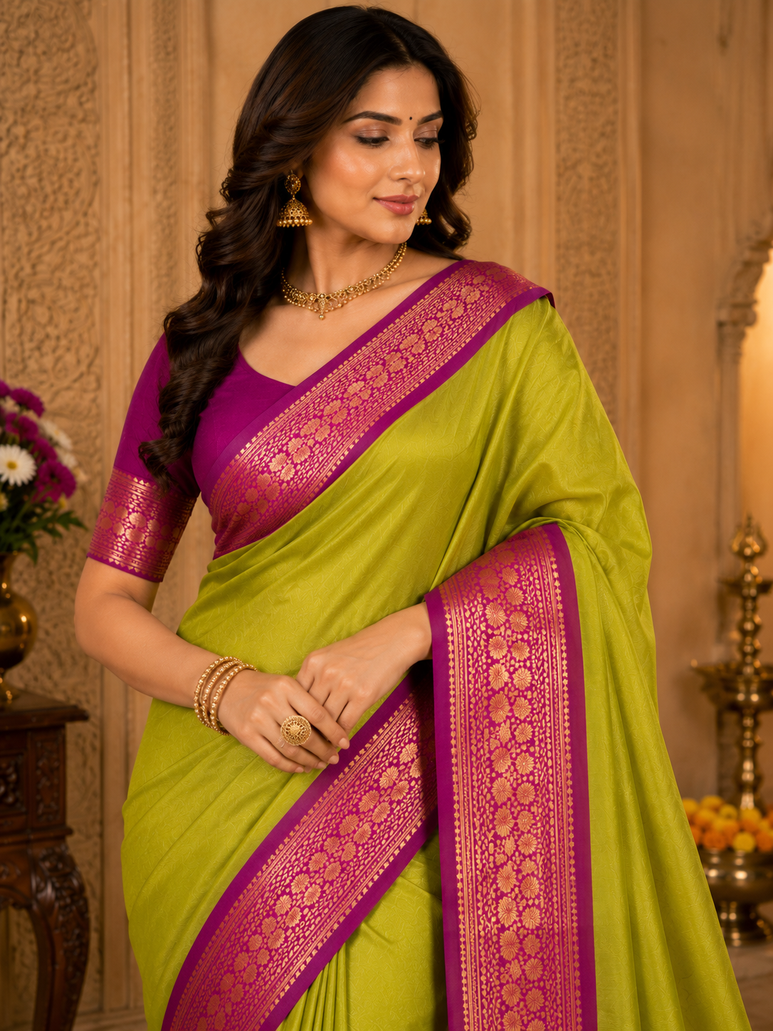 TriVibez Traditional Lime Green Silk Saree With Contrast Magenta Border