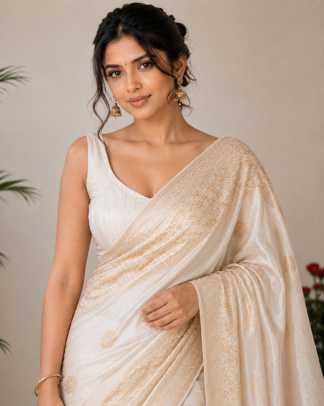 TriVibez Elegant Off-White Silk Saree With Golden Zari Floral Work