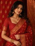 TriVibez Elegant Red Silk Saree With Golden Zari Booti Work