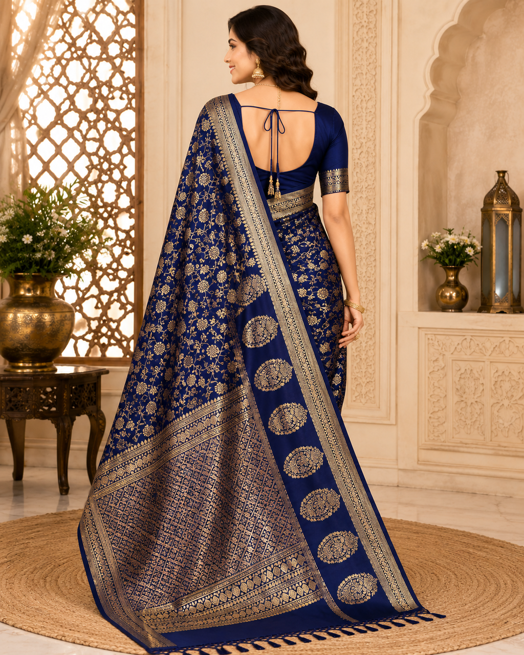 Women's Navy Blue Soft Silk Saree with Zari Woven Border