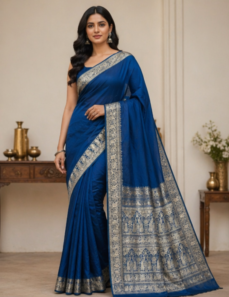 TriVibez Royal Blue Banarasi Style Saree for Women