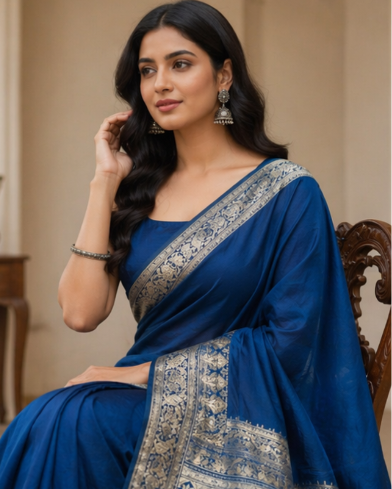 TriVibez Royal Blue Banarasi Style Saree for Women