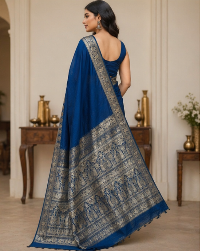 TriVibez Royal Blue Banarasi Style Saree for Women