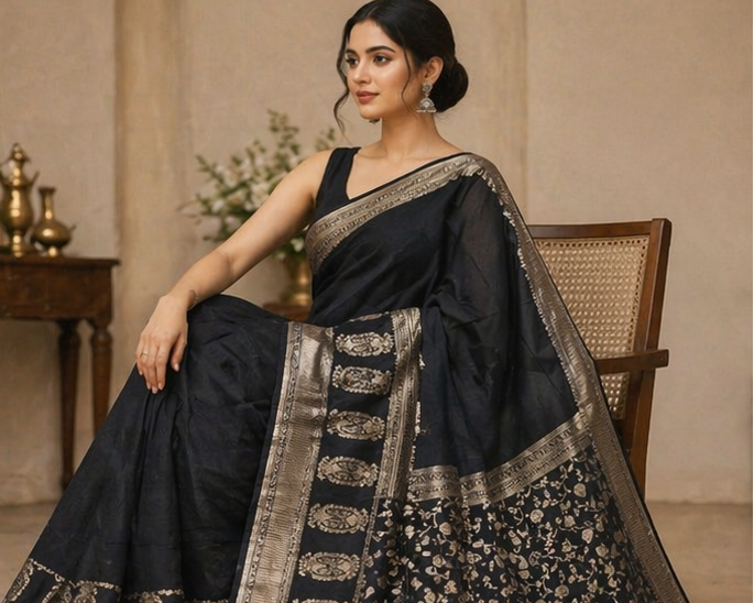 TriVibez Premium Black Designer Saree with Golden Border for Women