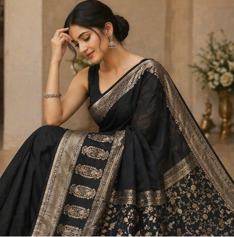 TriVibez Premium Black Designer Saree with Golden Border for Women