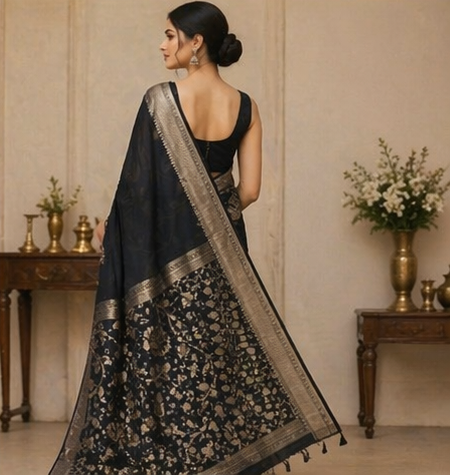 TriVibez Premium Black Designer Saree with Golden Border for Women